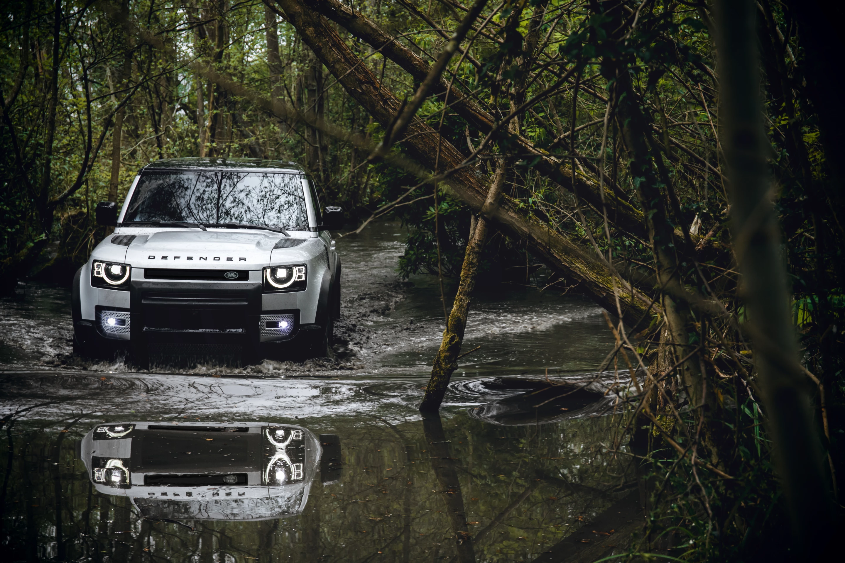 The new Land Rover Defender sneaks through the swamp