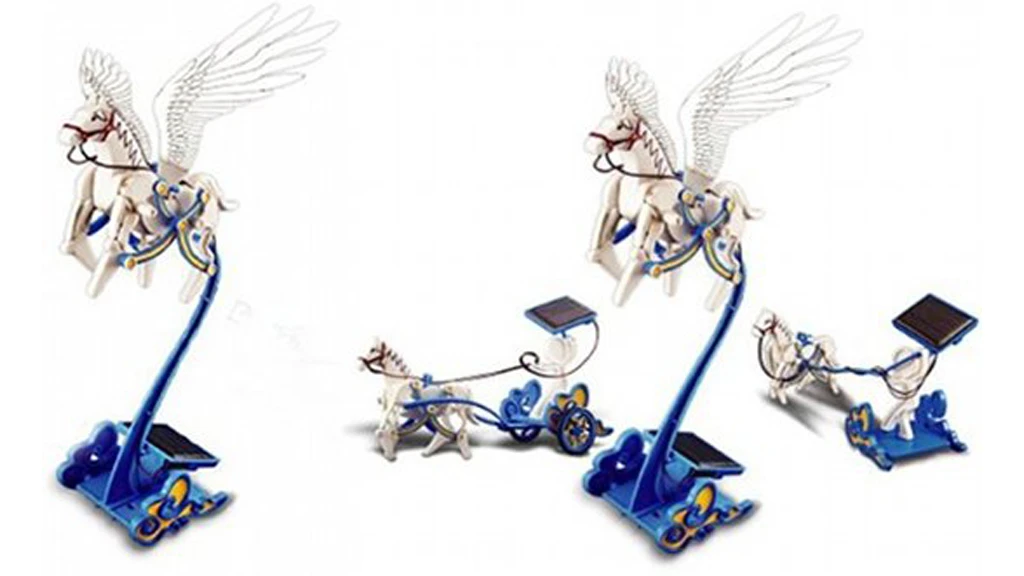 The Solar Pegasus Flying Horse comes with a solar panel to draw power from the sun or a lamp