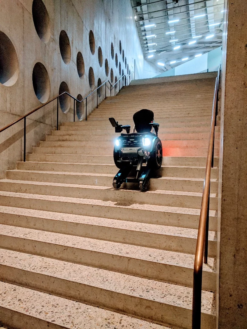 The Scewo rides up and down stairs with ease