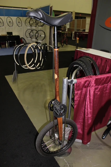 This black walnut unicycle from Sojourner Cyclery is the first wooden one we've ever seen (Photo: Ben Coxworth/Gizmag.com)