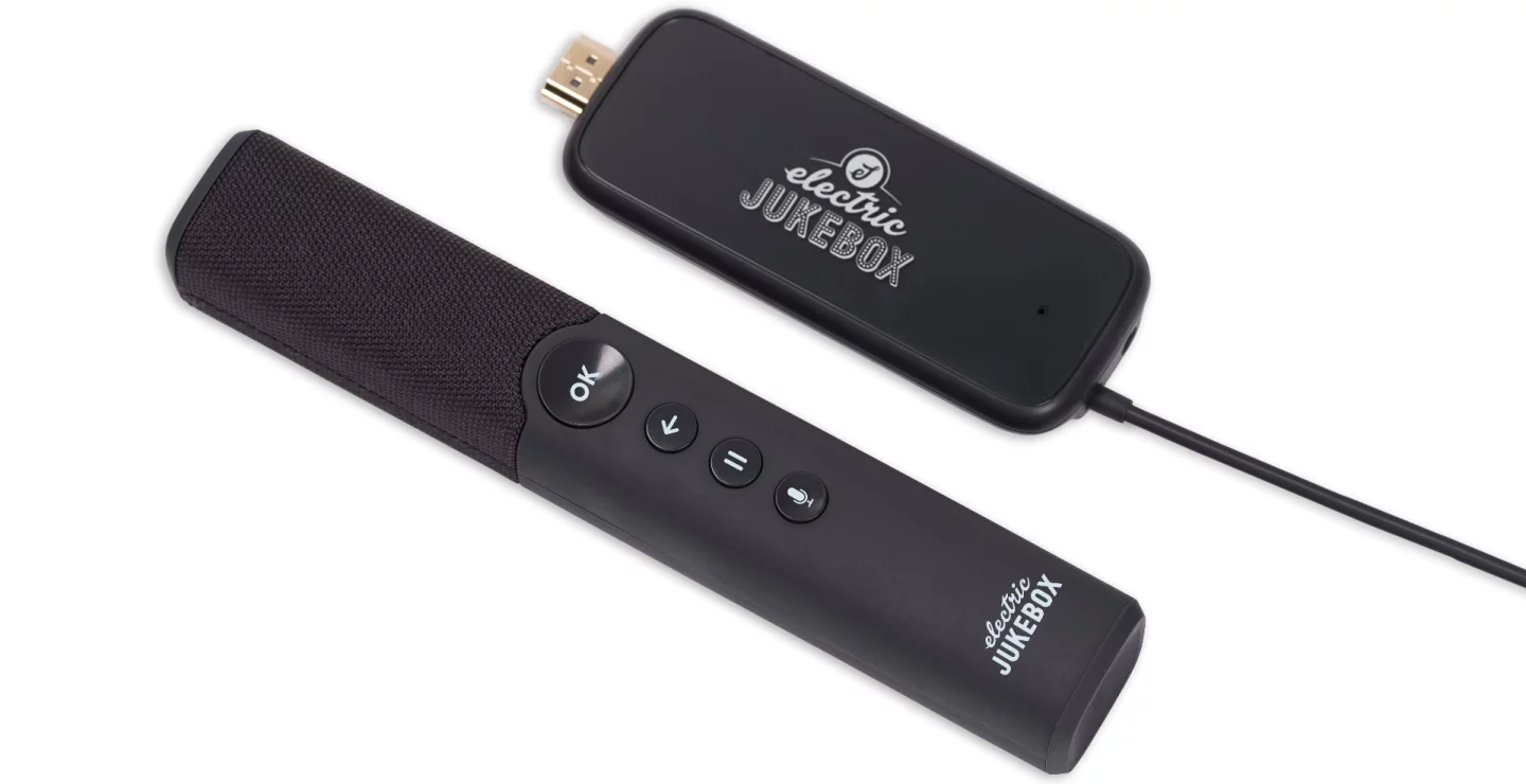 The Electric Jukebox is made up of two components: a HDMI dongle that's plugged into the TV and connects to the home Wi-Fi network and a gesture-based remote controller