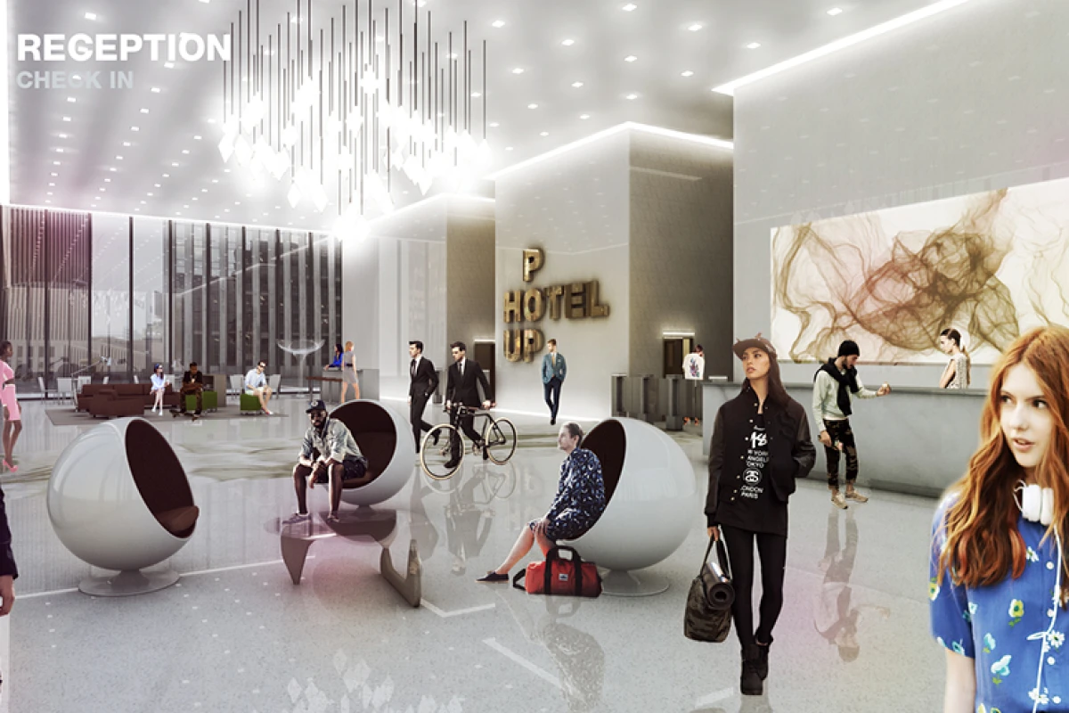 Artist's concept of a Pop-Up Hotel reception lobby
