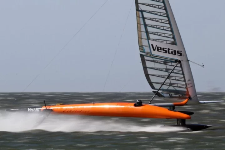 The VESTAS Sailrocket 2 in Walvis Bay, Namibia where it will attempt to break the world speed sailing record