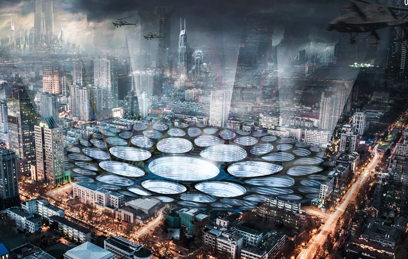 Honorable mention: Crater-Scraper by Xiaomia Xiao, Lixiang Miao, Xinmin Li, Minzhao Guo. A sunken city to harvest light and rainwater