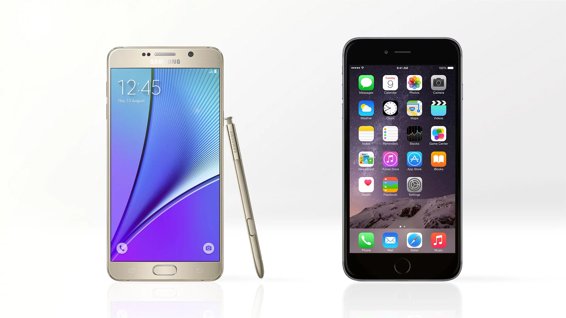 Gizmag compares the features and specs of the Samsung Galaxy Note 5 (left) and Apple iPhone 6 Plus