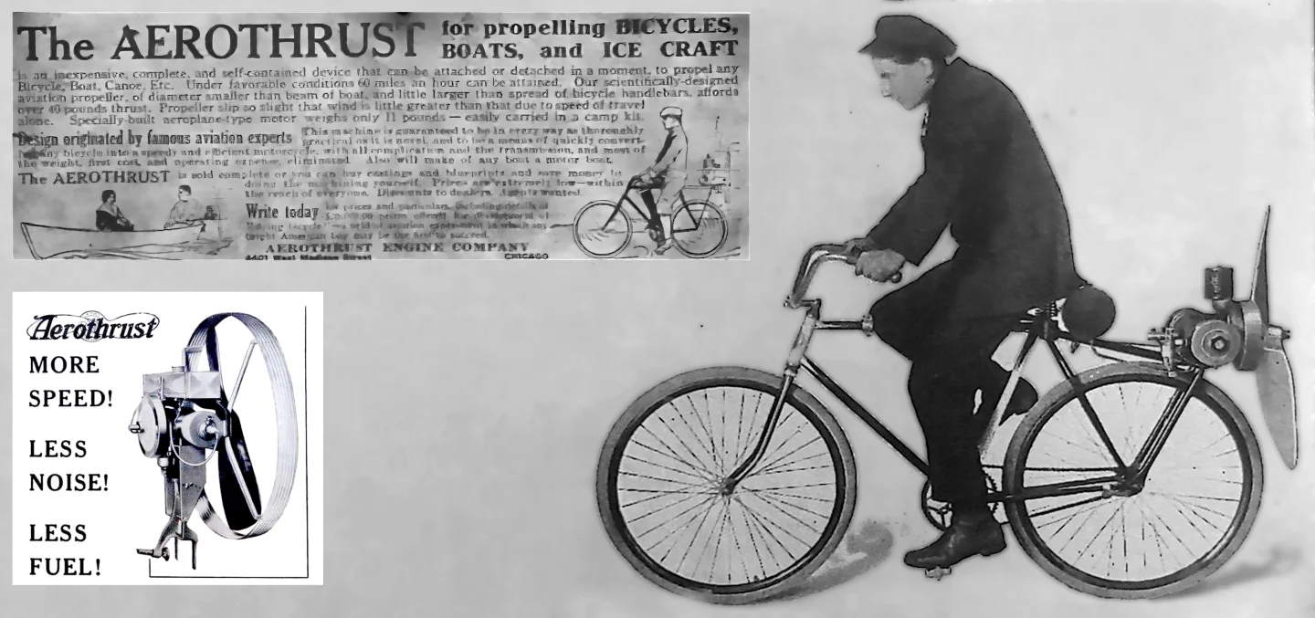 Propeller guards for the Aerothrust were used on boats, but for some reason, people did not appear to use them on Aerothrust bicycles.