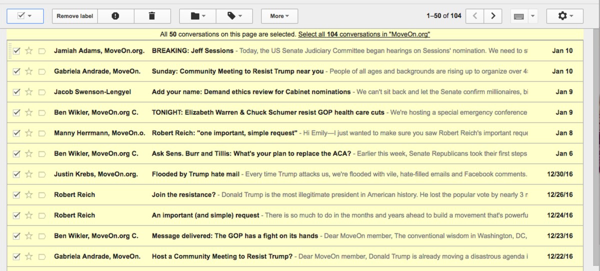 If there are more messages than fit on one page, choose the "Select all X conversations" link