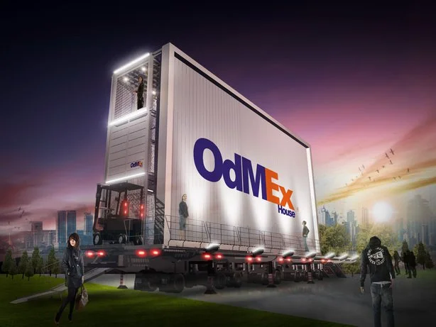 The OdMEx house concept sees a house built onto the back of a mobile billboard