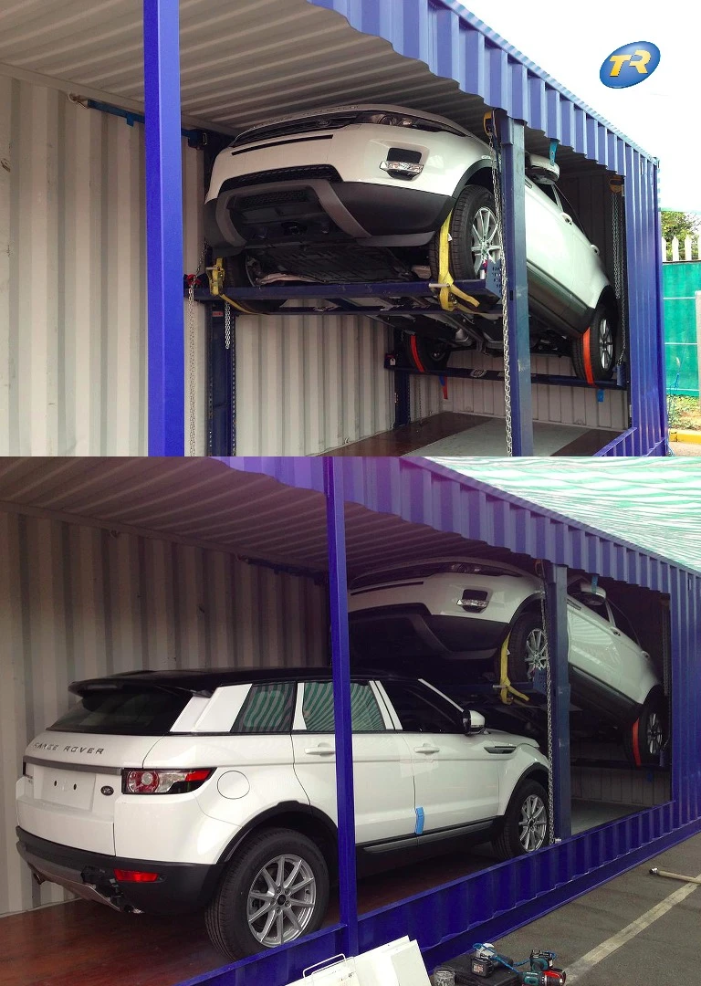 A cut-away view of vehicles stacked in a container, using the Warwick system