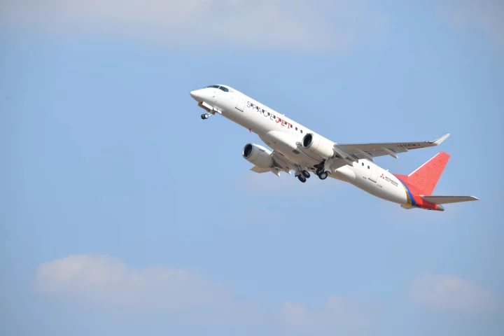 The Mitsubishi SpaceJet MR90 FTV10 heads off on its maiden flight