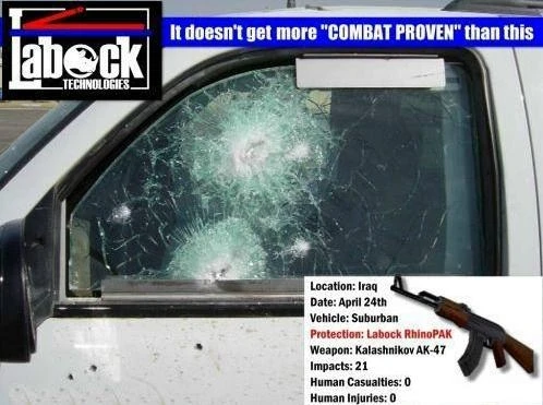 This Suburban SUV was fitted with a Labock Armor kit and was attacked by ambush in northern Iraq. The vehicle took 21 rounds of AK-47 fire. The four occupants made it out of the kill zone to safety, and all exited the SUV without a scratch.