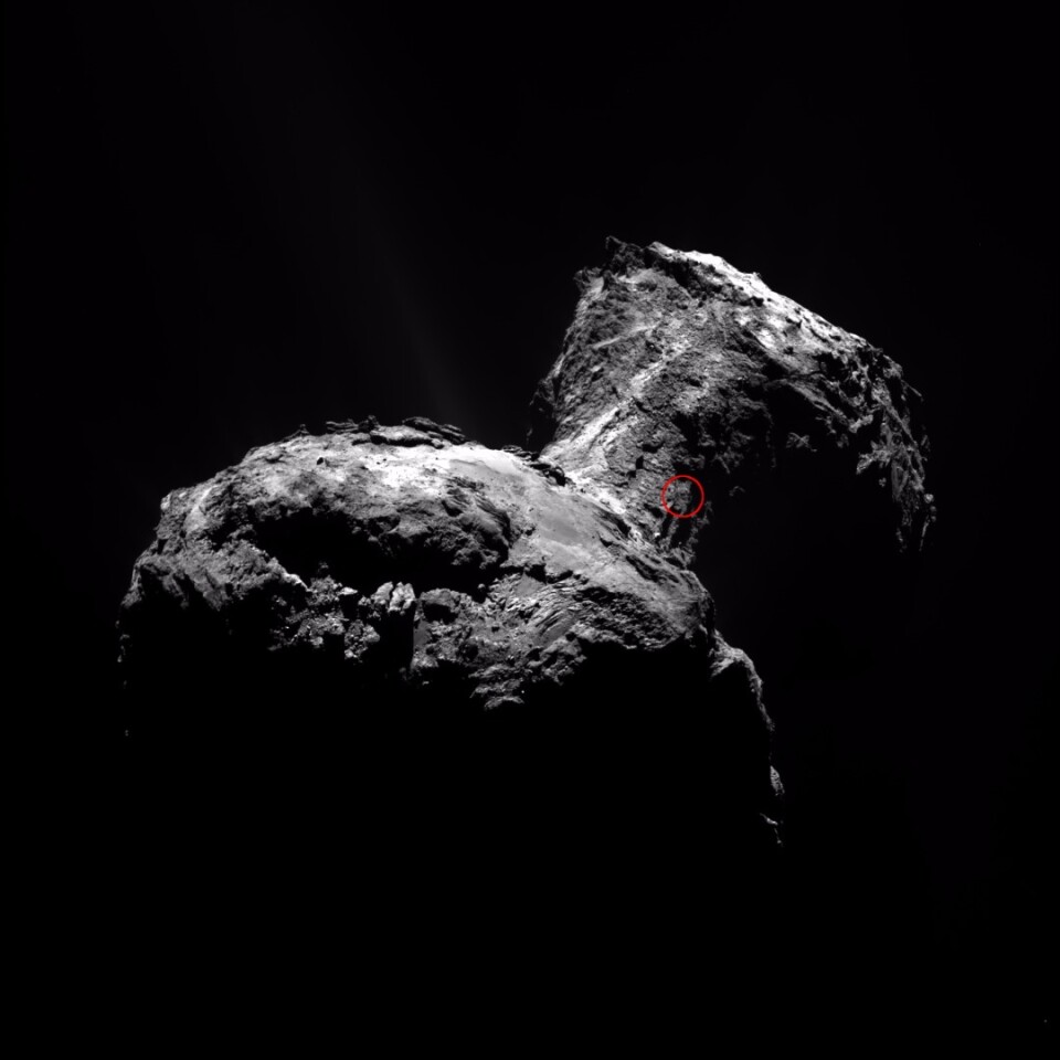 This image captured April 12 shows the origin of the jet on the comet's nucleus in a small red circle