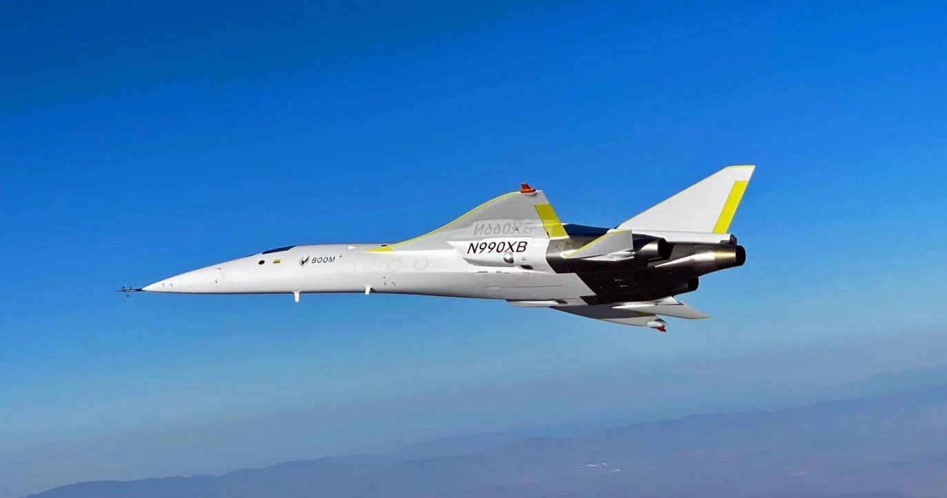 The XB-1 on its fourth successful flight showing of its aerodynamic underbelly