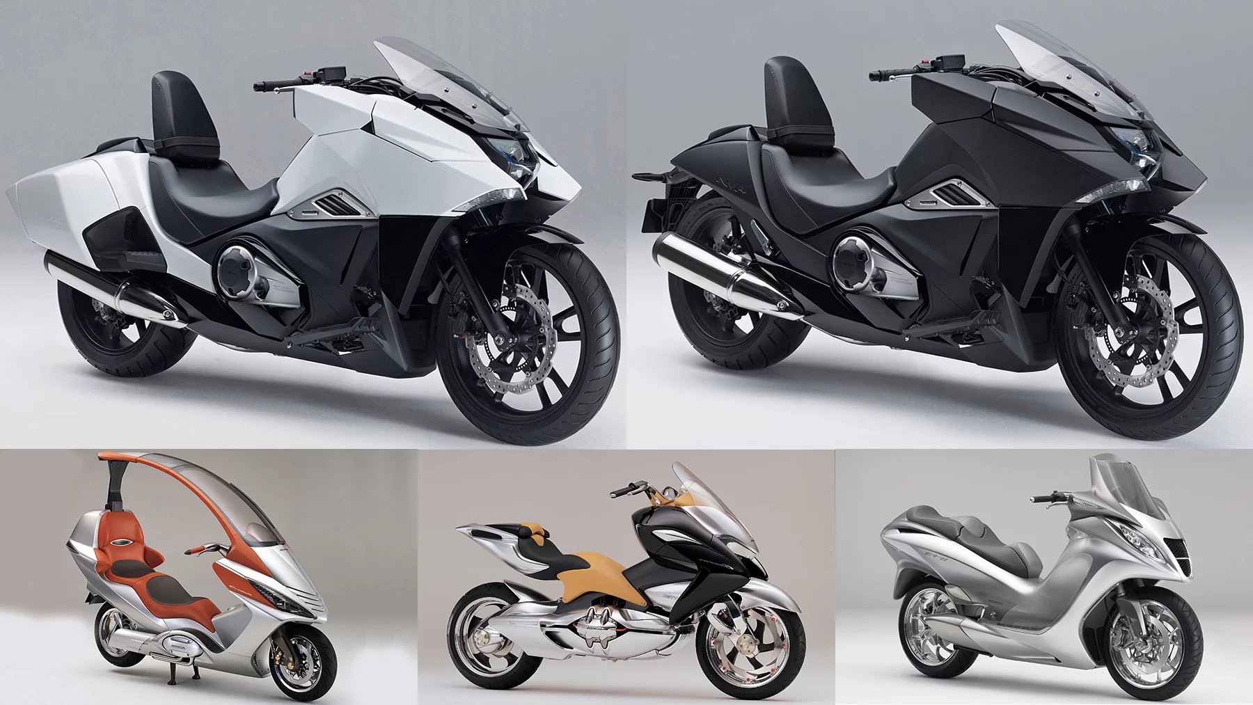 Top images: Honda's new 750cc Vultus NM4. Bottom row: Honda's 750cc Elysium, 750cc Griffon and 900cc E4-01 concepts. The Vultus is designed for the next generation motorcyclist, with a very low seat, recumbent riding position, and ease-of-use foremost. As can be seen from its concept bikes (more inside), Honda has been gauging opinion as to when to embody these ideas into a production motorcycle for decades. Do not discount the possibility the Vultus will be offered with an optional Elysium-style roof within one or two model updates