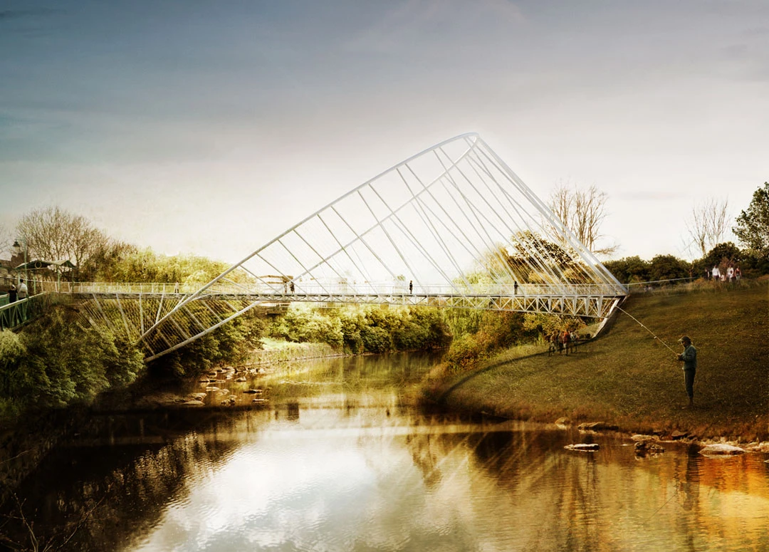 The designers point out that viewed side on from the east or west, the bridge looks like any old cable-stayed footbridge (Image: penda)