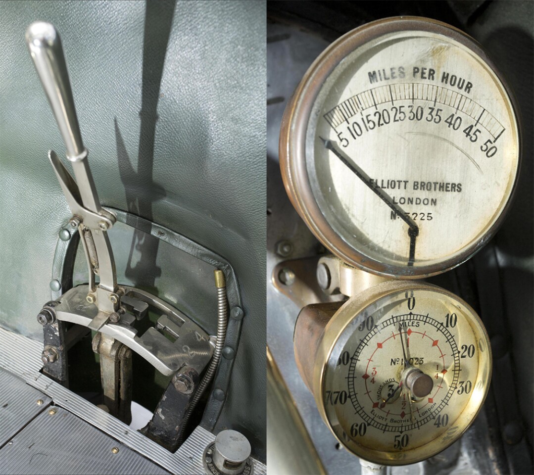 Some of the detail work on this 1914 Rolls-Royce 40/50 Silver Ghost Skiff is fascinating. Above is the gear-shift mechanism for the four-speed gearbox, which was mounted to the right of the steering wheel, while the image at right shows a close up of the floor-mounted speedometer and odometer made by Elliot Brothers of London.