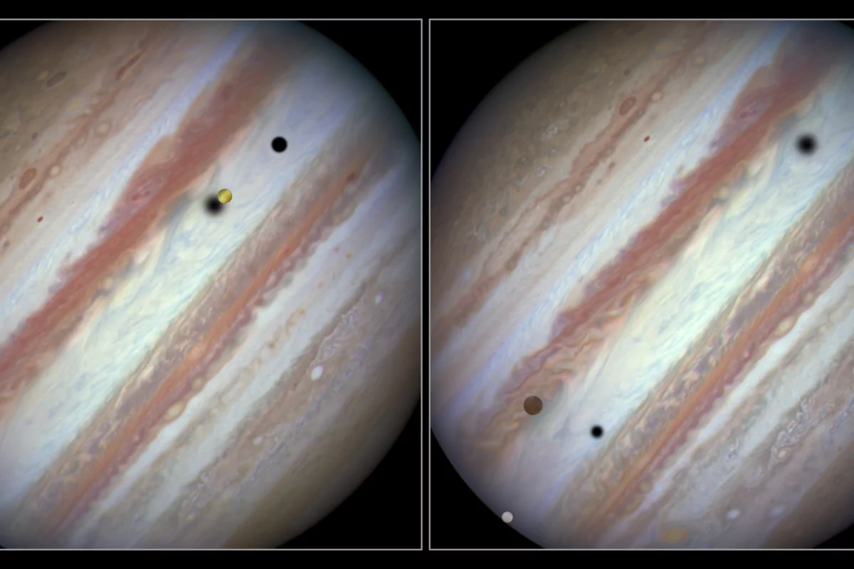 Image on the left is an early shot of the event, while the right is relatively near the end of the transit (Image: NASA, ESA, Hubble Heritage Team)