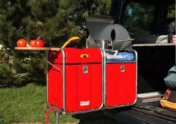 The two-part kitchen unit slides out for easy use