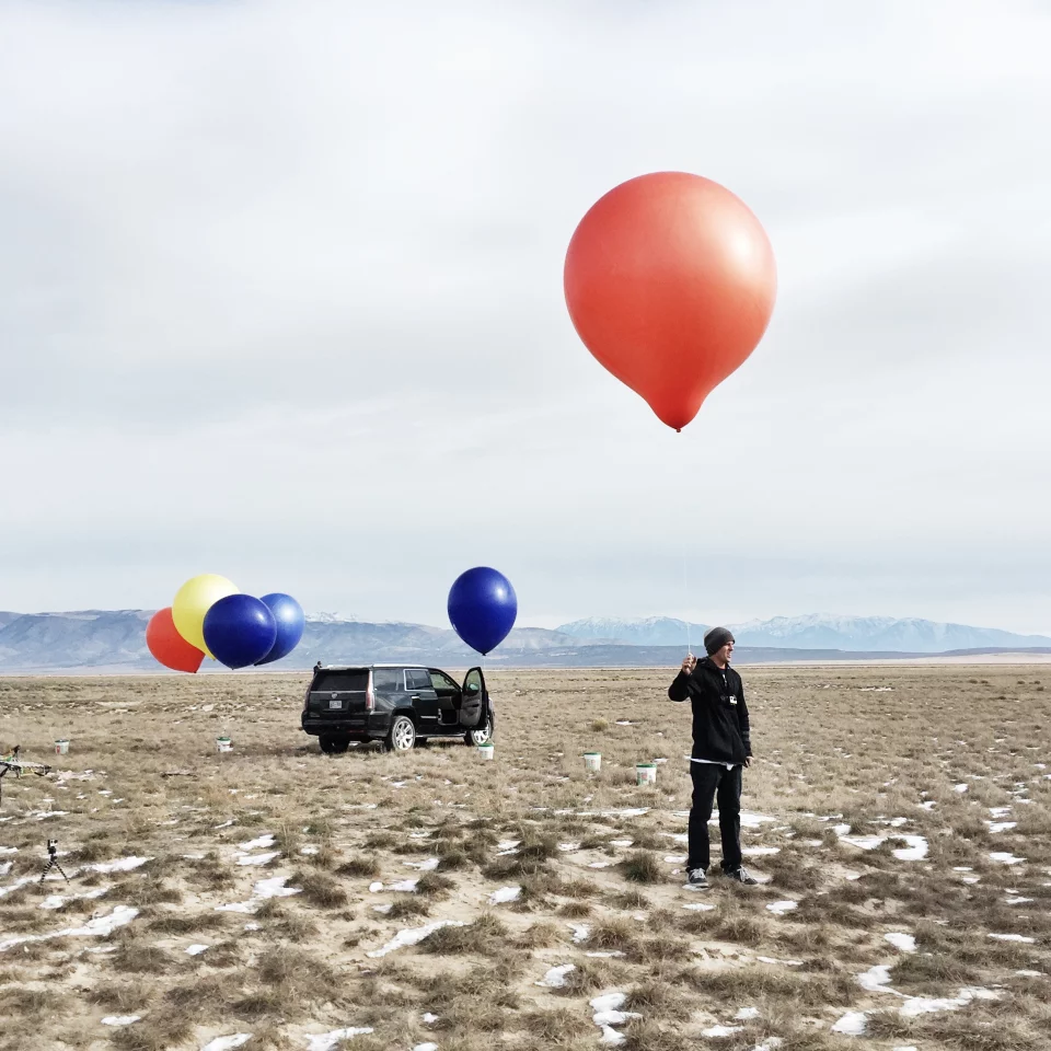 Erik Roner pictured with one of the helium-filled balloons