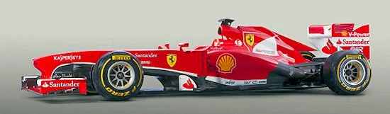 Slightly angled left side view of the 2013 Ferrari F138 racecar