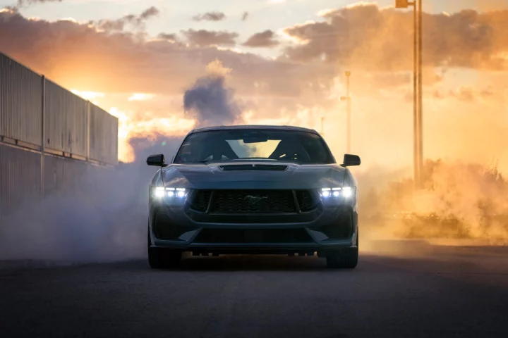 With a powerful Coyote engine and an electronic drift brake, the new Mustang promises to create plenty of tire smoke