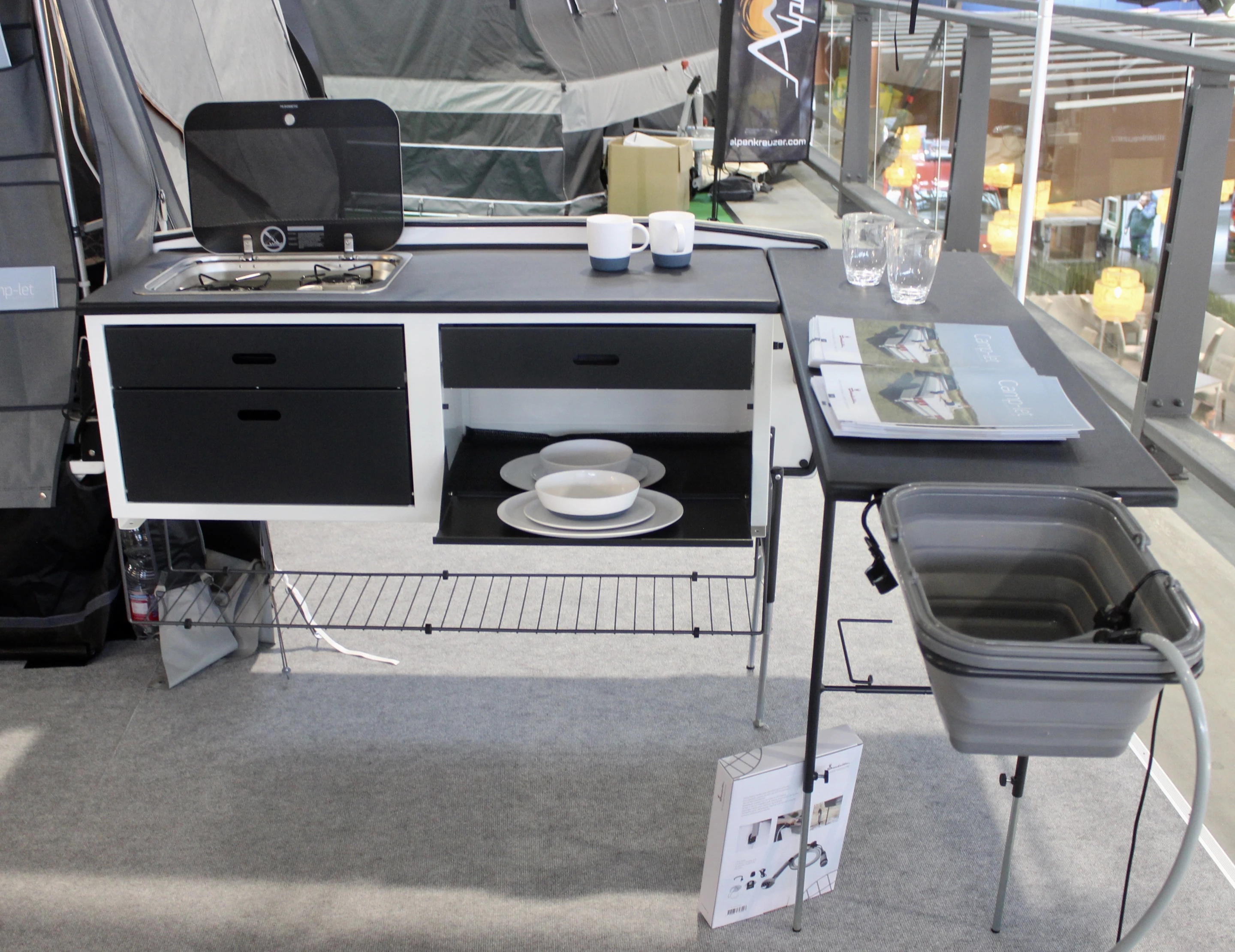 One of the pop-up trailers at the show, the Isabella Camp-Let features an outdoor kitchen designed to be used under the canopy