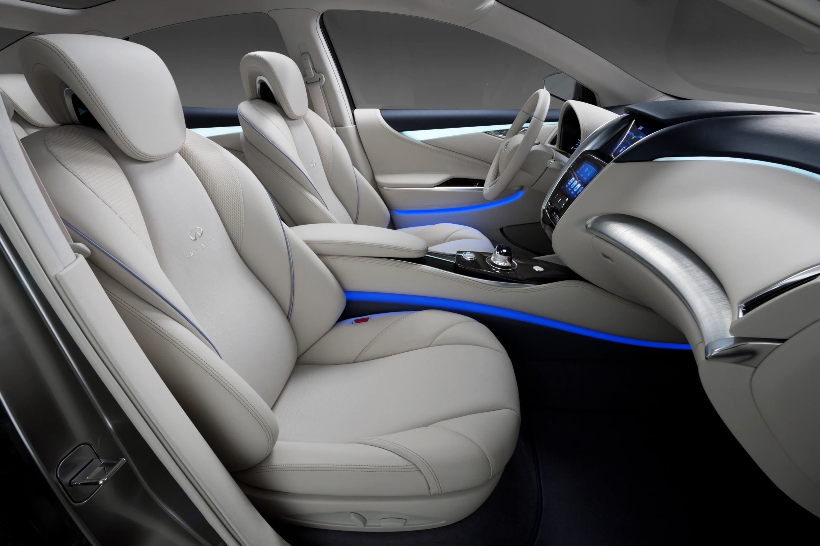 The interior is highlighted by blue LED lighting