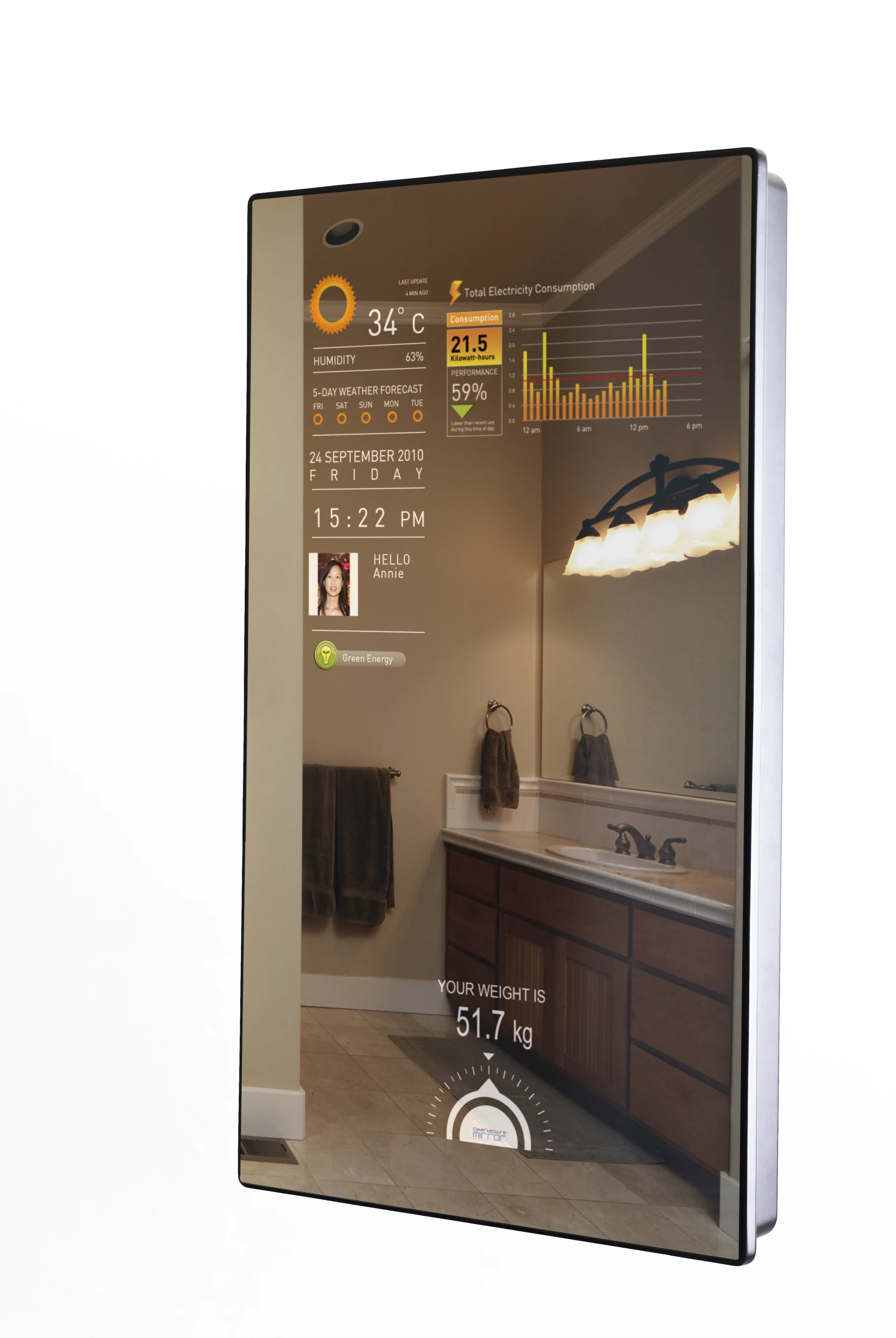When in active mode, the user can view messages, check the weather, look up energy consumption stats or - along with the included peripheral sensor pad - get personal health updates