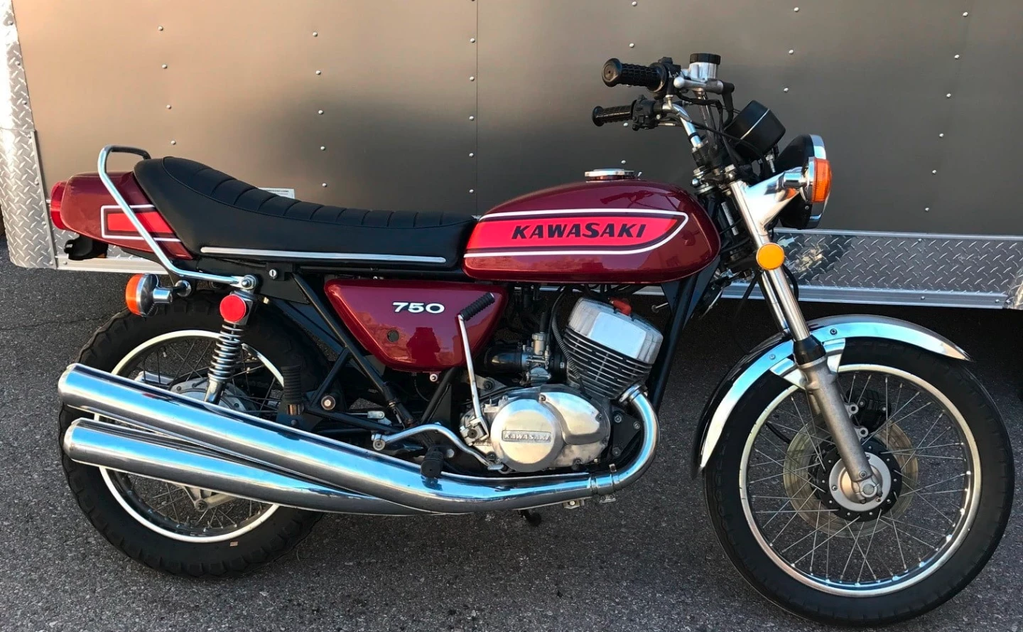 The Kawasaki 750 cc three-cylinder two-stroke Mach IV was the fastest motorcycle on the road for several years until Kawasaki released the four cylinder four-stroke Z1. Despite what is written in wikipedia about the bike, this bike was no match for the subsequent 900cc Z1 in production racing, if for no other reason that it had to stop for gas once an hour if you had the throttle wide open for long. Just the same, $14,300 is a surprisingly high price for a two-stroke motorcycle and perhaps the Mach IV is finally beginning to be appreciated as an infinitely better motorcycle than the Mach III.
