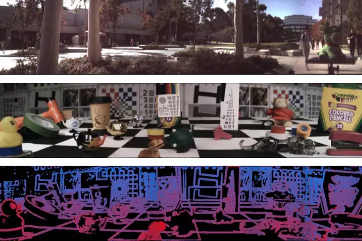 Two 138-degree light field panoramas (top and center) and a depth estimate of the second panorama (bottom)