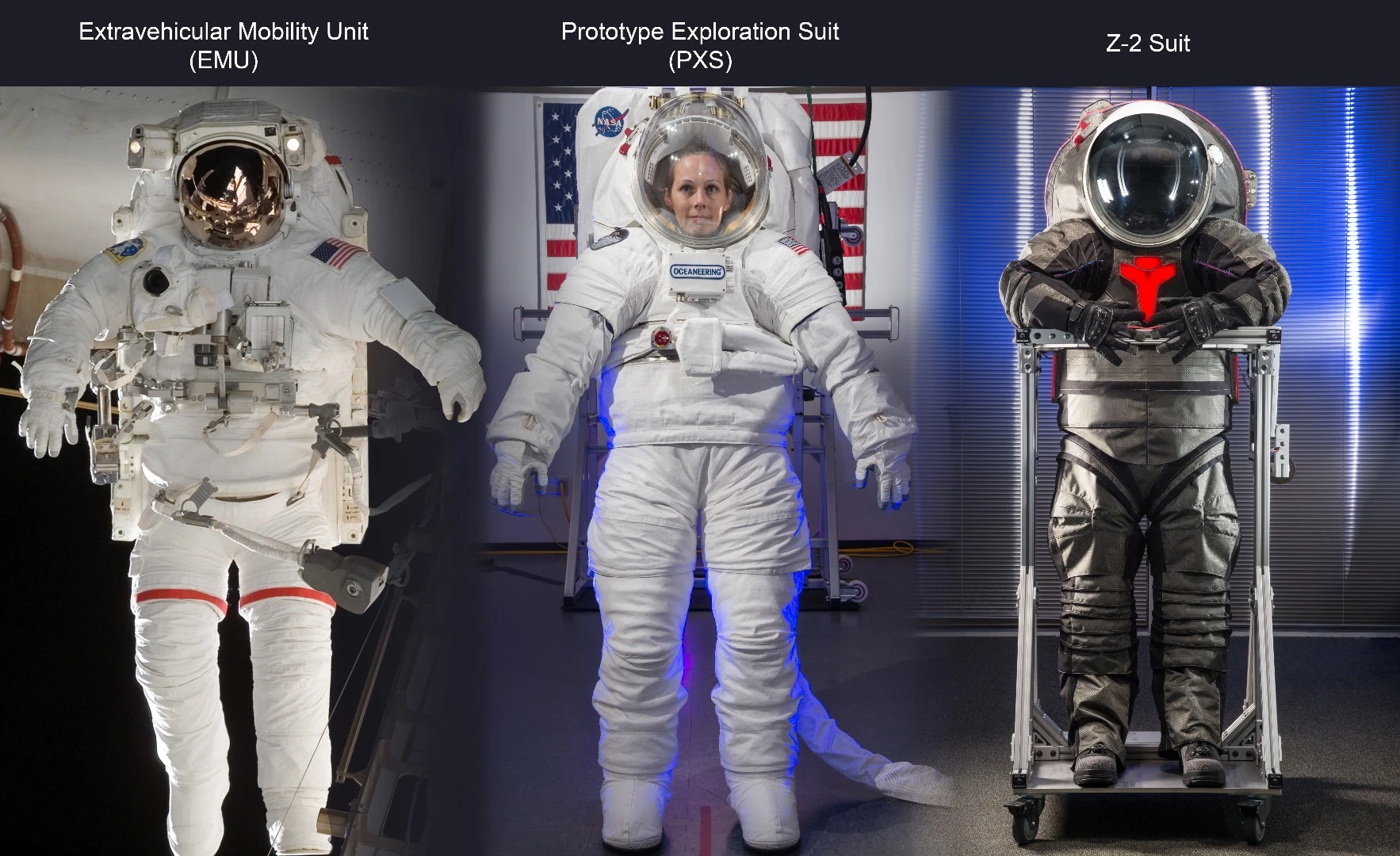 EMU, PXS, and Z-2 spacesuits