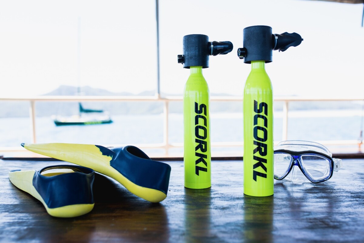 The Scorkl is a lightweight compact breathing device that enables you to breathe underwater for up to 10 minutes. If you don't have a compressor to recharge the $200 Scorkl, there's a $200 high pressure pump so you can fill it yourself.