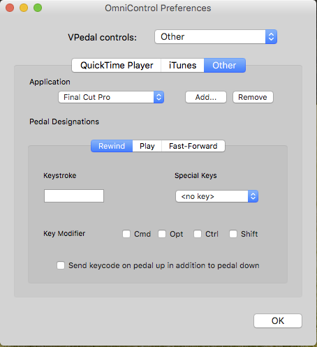 Omnipedal setup - choose an app, and then choose what the three assignable foot controls do when you hit them in that app