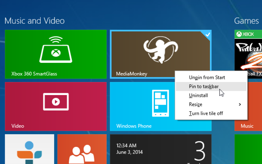 Right-click a Modern app to pin it to the taskbar