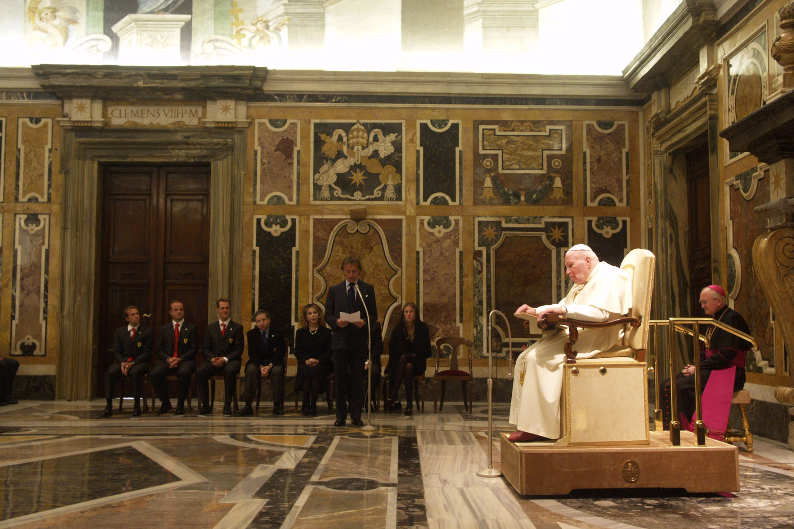 Pope John Paul II meets with a Ferrari delegation in the Vatican’s Palazzo Apostolico on 17 January 2005. Ferrari President Montezemolo was in attendance along with Piero Ferrari , Jean Todt, Michael Schumacher, Rubens Barrichello, Luca Badoer and 90 other Ferrari employees.