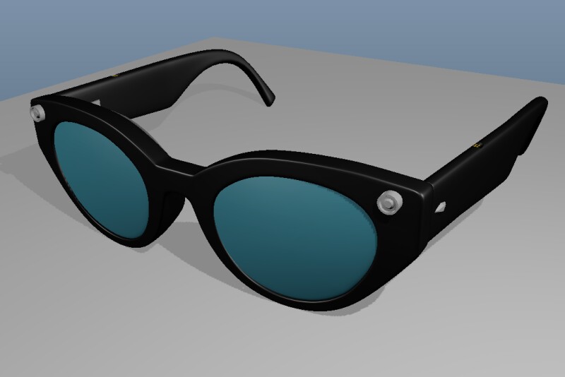 Gafas inteligentes de color negro con un diseño moderno y lentes redondeados de color azul oscuro. En la parte superior de cada lente, se pueden observar pequeñas cámaras integradas en el marco. Las gafas tienen un aspecto elegante y futurista.