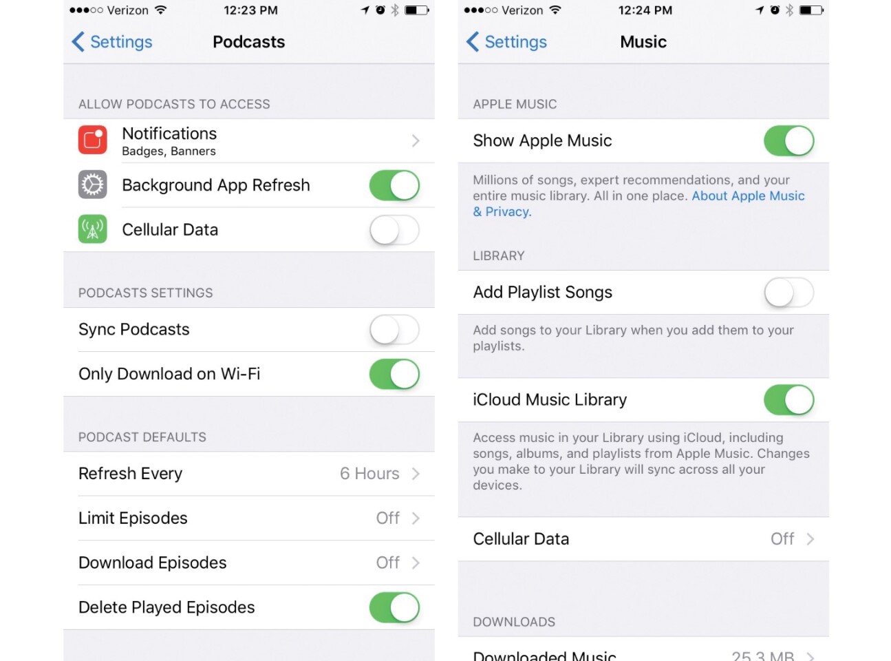 (L) Podcast settings (R) Music settings