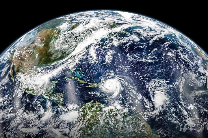 Annotated image captured by the Suomi NPP weather satellite displaying the locations of Hurricanes Katia, Irma and Jose on September 6, 2017