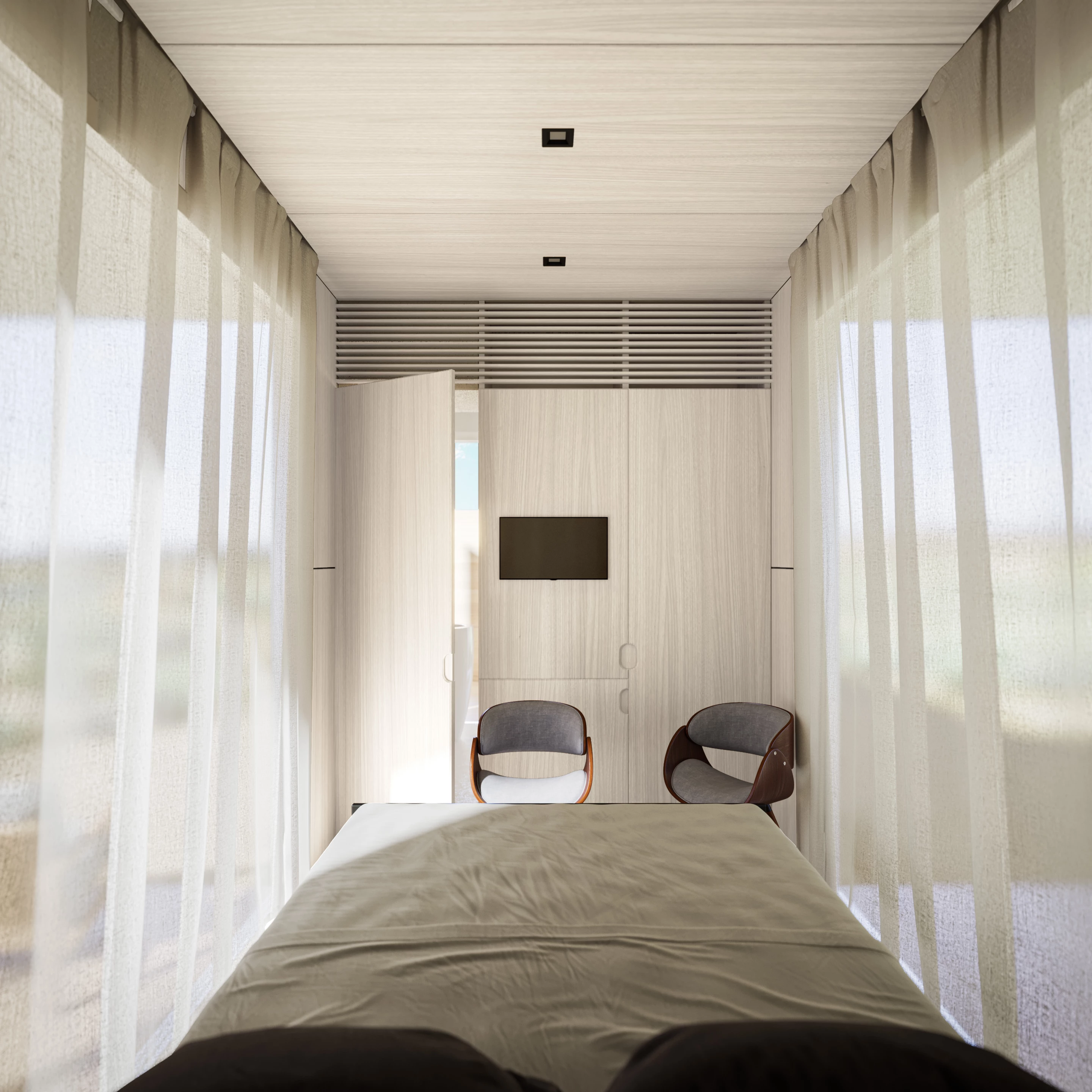 Space-saving interior furnishings includes a custom queen sized Murphy bed