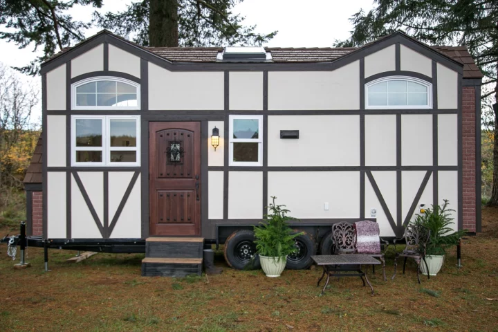The unusual design of the Tudor-style tiny house came about because the owner wanted it to look and feel like you were back in time whenever you laid eyes on it