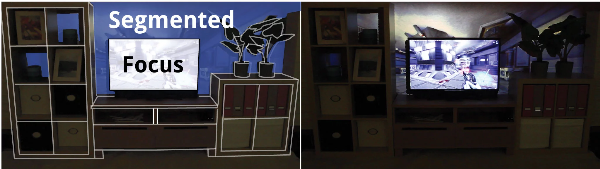 The system is even able to project only onto the wall behind the television, leaving out any surrounding furniture or objects and giving the appearance that the game extends beyond the wall