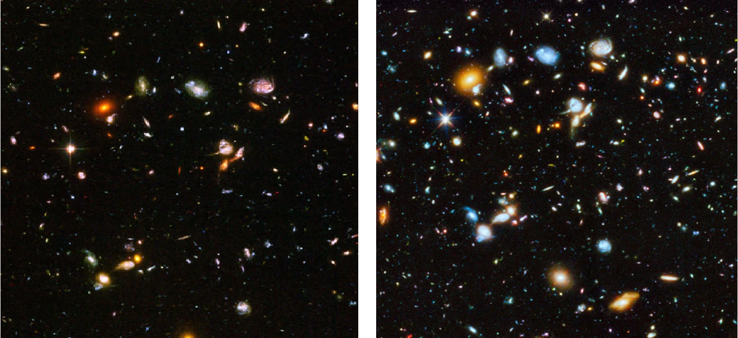 The Ultra Deep Field infrared and visible light image, on the left, and the newly released ultraviolet image, on the right (Image: NASA/ESA)