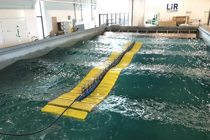 A prototype of SWEL's Waveline Magnet, in wave pool testing at LIR