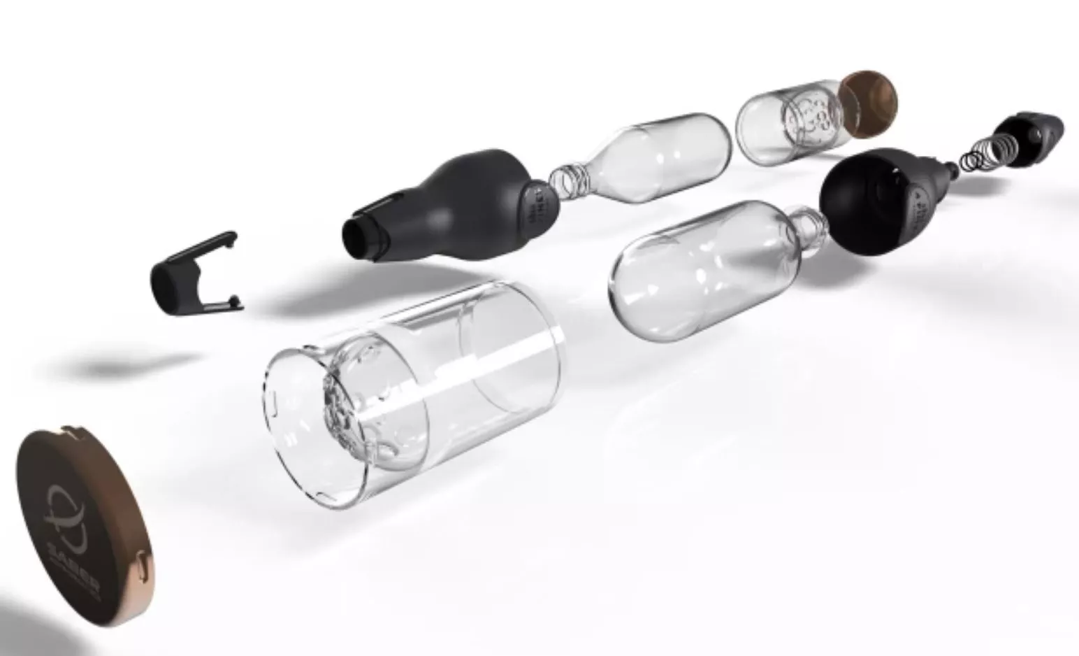 Exploded view of a space beer bottle prototype