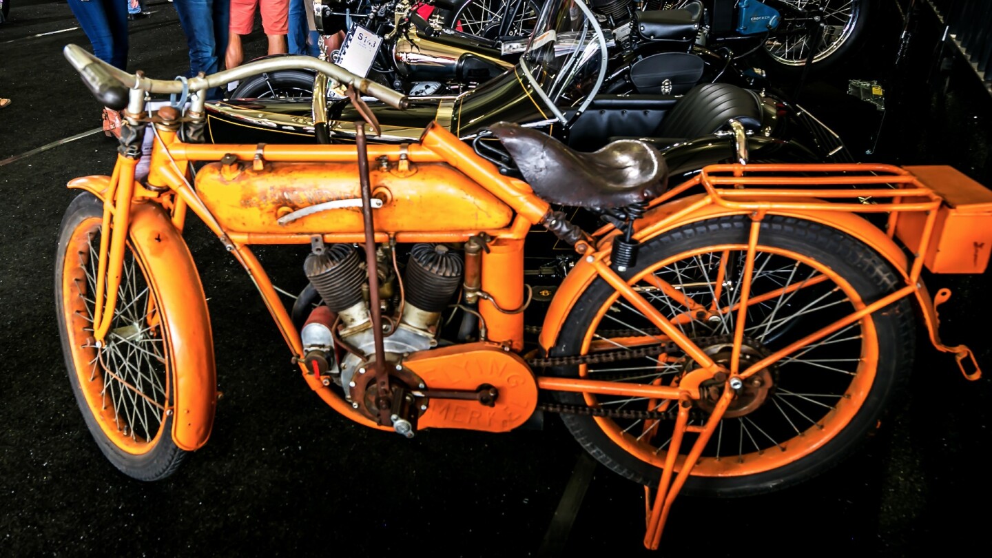 From 50 years in the collection of AMCA founding member and AMA Hall of Fame inductee Emmett Moore, this very original and completely unmolested 1914 Flying Merkel Twin still has the original tank graphics. It was expected to sell in the $150,000 to $175,000 range but hammered for $85,000, which adds up to a total $93,500 price with the buyer's premium included. What a bargain!