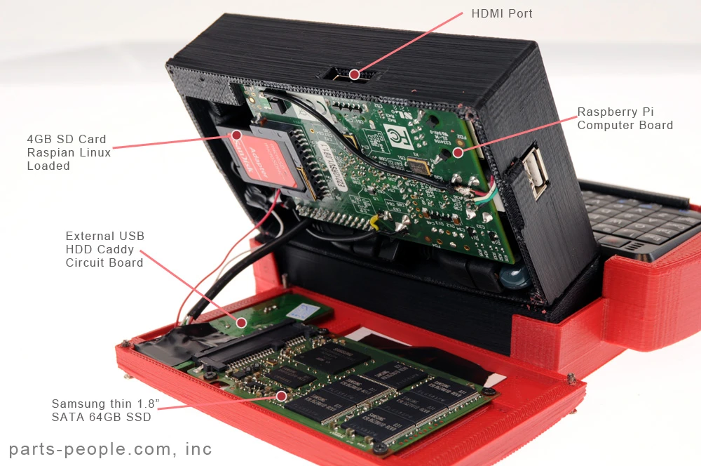 The battery is routed to the main board and a modified 7-port USB hub via the monitor's 9 - 13-volt input, ensuring clean regulated power for an 802.11b/g/n Wi-Fi dongle, a Bluetooth 3.0 dongle, the SSD, a keyboard/mouse transmitter for the QWERTY wireless keyboard and touchpad mouse combo, and the Pi board itself