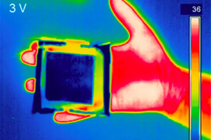 A piece of the material (blue square) masks the thermal signature of a human hand