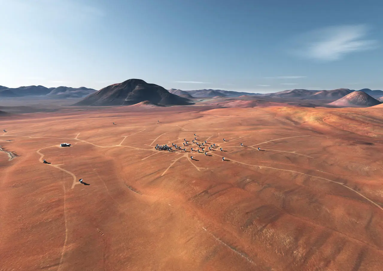 Artist rendering of the ALMA Array, in one of the possible configurations. Image: ALMA (ESO/NAOJ/NRAO)