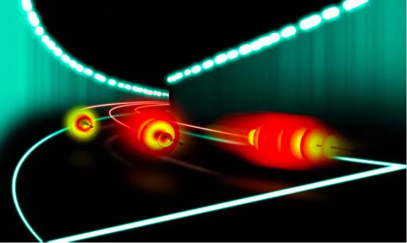 Artist's illustration of two twisted beams on the left traveling slower than the Gaussian beam on the right