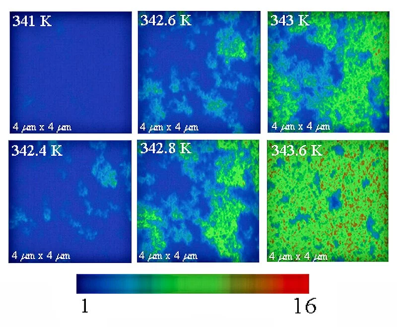 Infrared reflectivity images with a spatial resolution of about 40 nm showing that the metal-insulator transition of a thin film of vanadium dioxide is not abrupt on a large size scale, but is combined with a percolation transition that complicates description of the material properties (Photo: D.N. Basov)